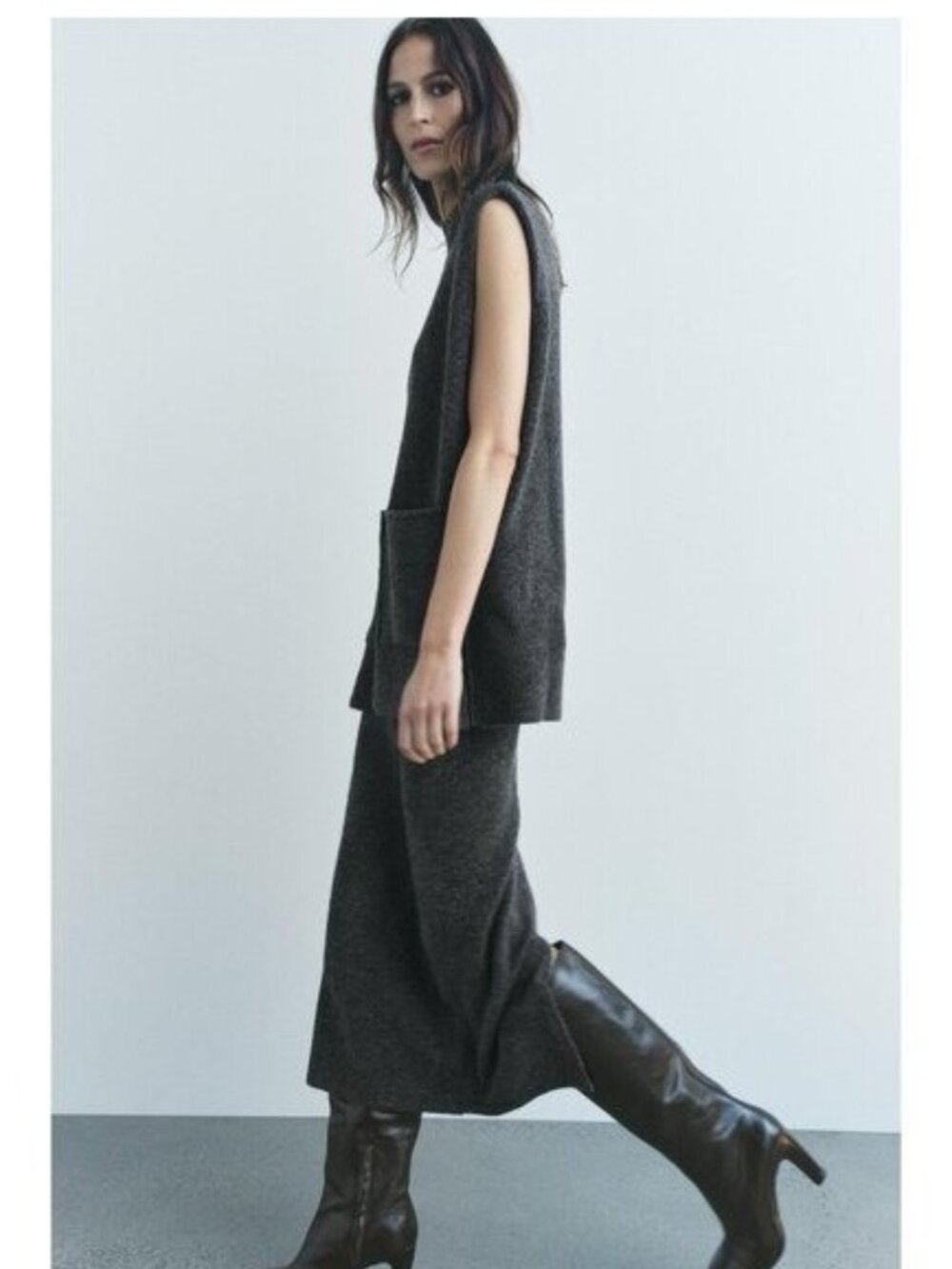 Zara Charcoal Knit Two Piece Set Sleeveless Top & Midi Skirt Minimal Size S - Picture 3 of 11